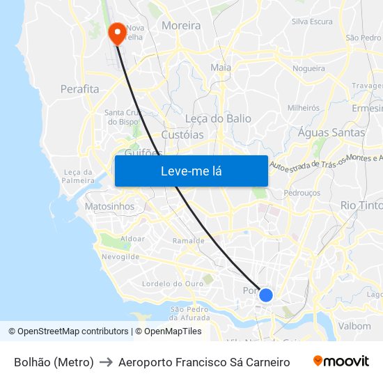 Bolhão (Metro) to Aeroporto Francisco Sá Carneiro map