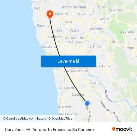 Carvalhos to Aeroporto Francisco Sá Carneiro map