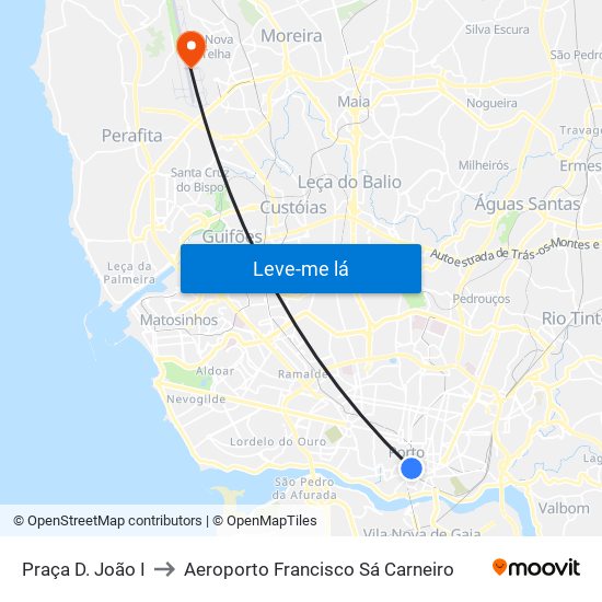 Praça D. João I to Aeroporto Francisco Sá Carneiro map