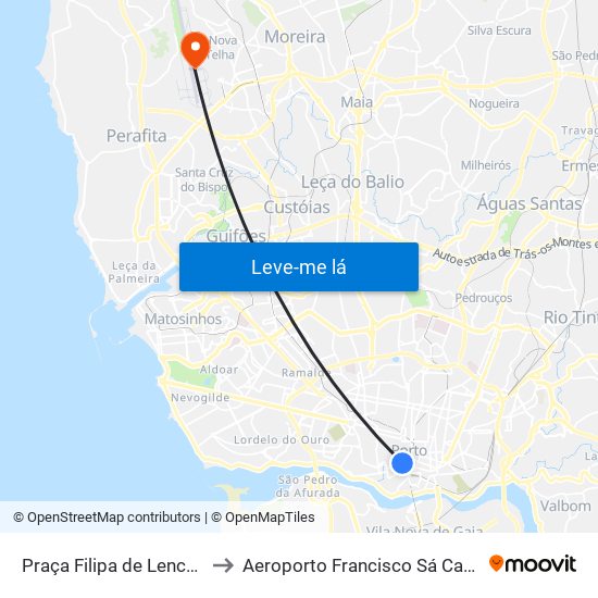 Praça Filipa de Lencastre to Aeroporto Francisco Sá Carneiro map