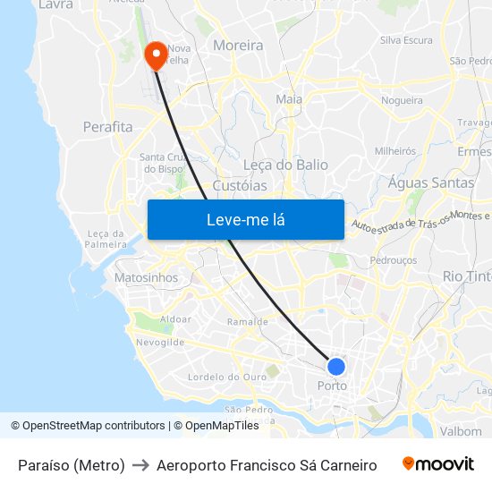 Paraíso (Metro) to Aeroporto Francisco Sá Carneiro map