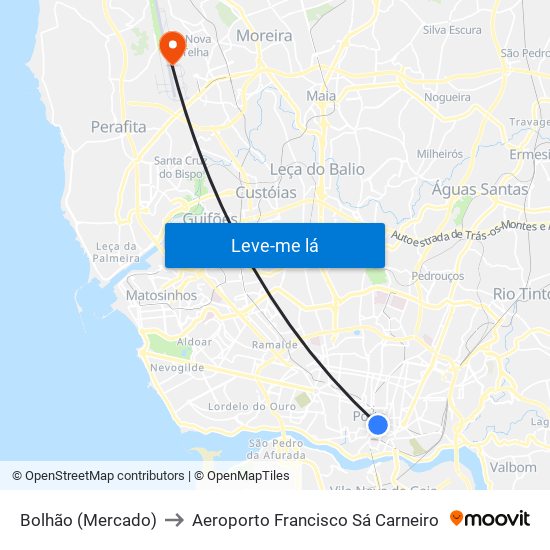 Bolhão (Mercado) to Aeroporto Francisco Sá Carneiro map
