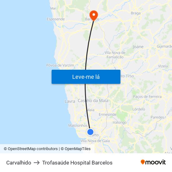 Carvalhido to Trofasaúde Hospital Barcelos map