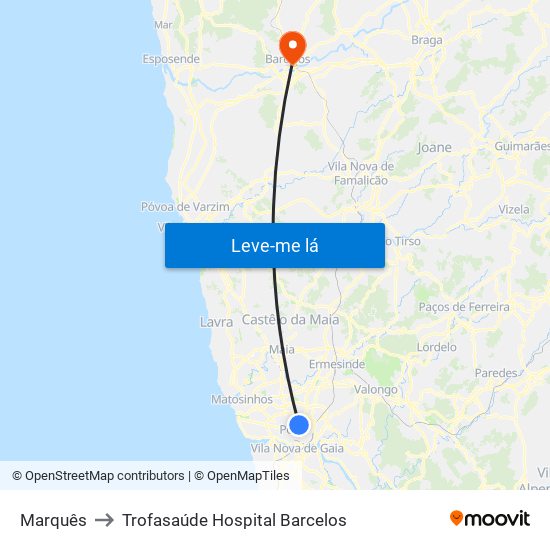 Marquês to Trofasaúde Hospital Barcelos map