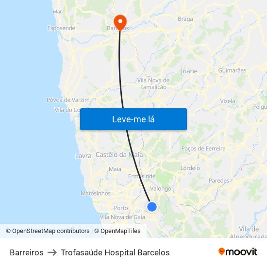 Barreiros to Trofasaúde Hospital Barcelos map