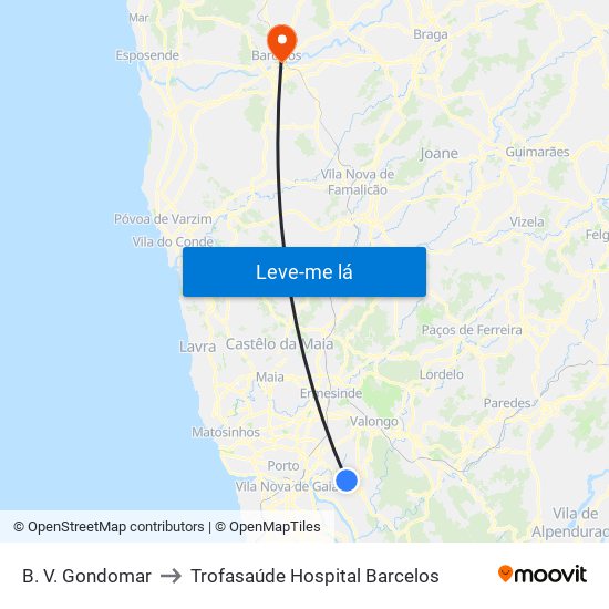 B. V. Gondomar to Trofasaúde Hospital Barcelos map