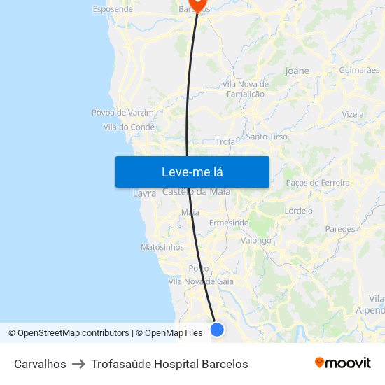 Carvalhos to Trofasaúde Hospital Barcelos map