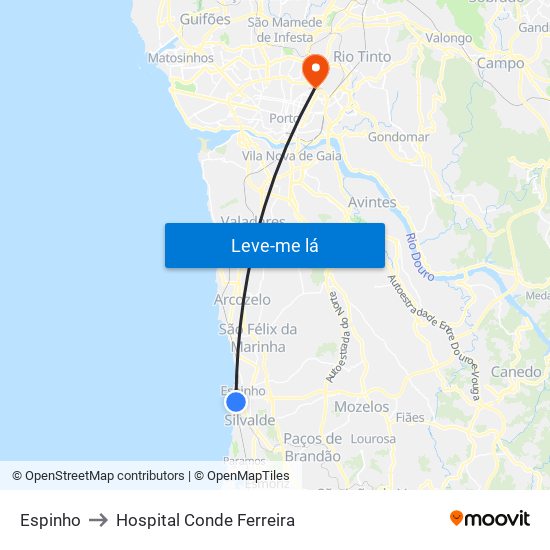 Espinho to Hospital Conde Ferreira map