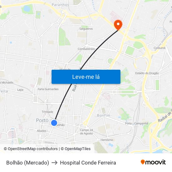 Bolhão (Mercado) to Hospital Conde Ferreira map