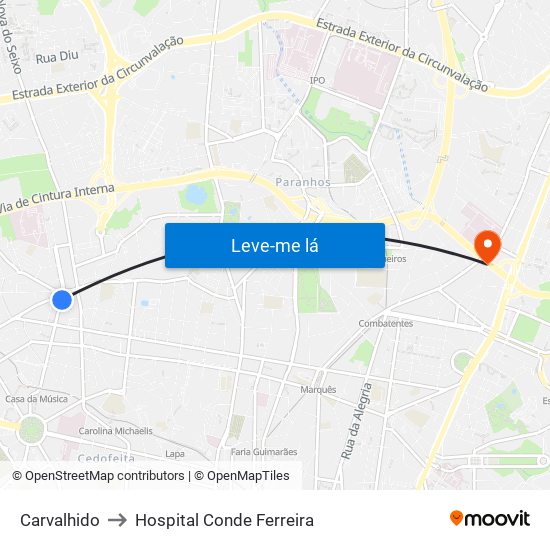 Carvalhido to Hospital Conde Ferreira map