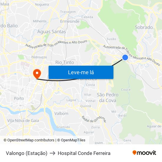 Valongo (Estação) to Hospital Conde Ferreira map