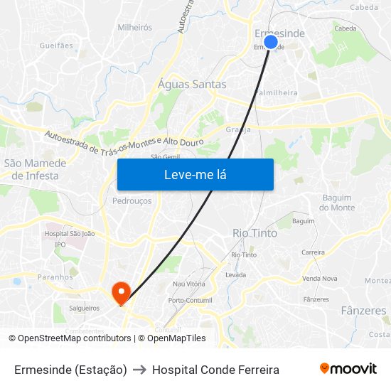 Ermesinde (Estação) to Hospital Conde Ferreira map