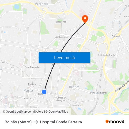 Bolhão (Metro) to Hospital Conde Ferreira map