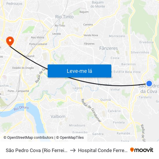 São Pedro Cova (Rio Ferreira) to Hospital Conde Ferreira map