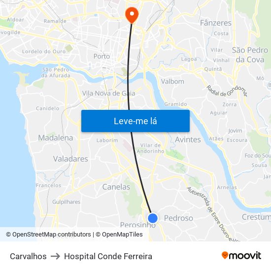 Carvalhos to Hospital Conde Ferreira map