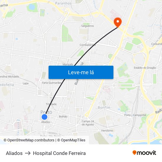 Aliados to Hospital Conde Ferreira map