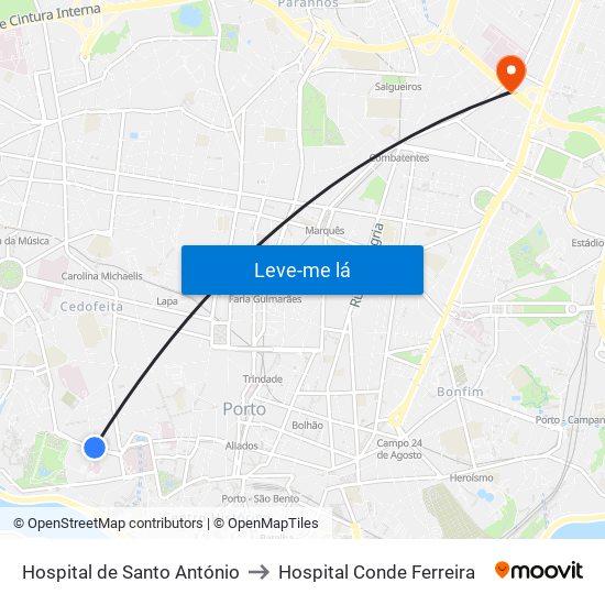 Hospital de Santo António to Hospital Conde Ferreira map