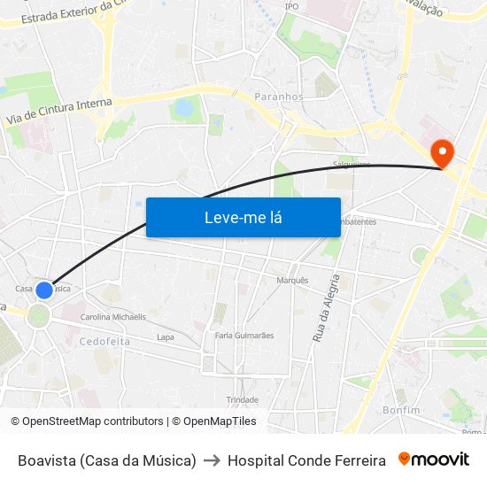 Boavista (Casa da Música) to Hospital Conde Ferreira map