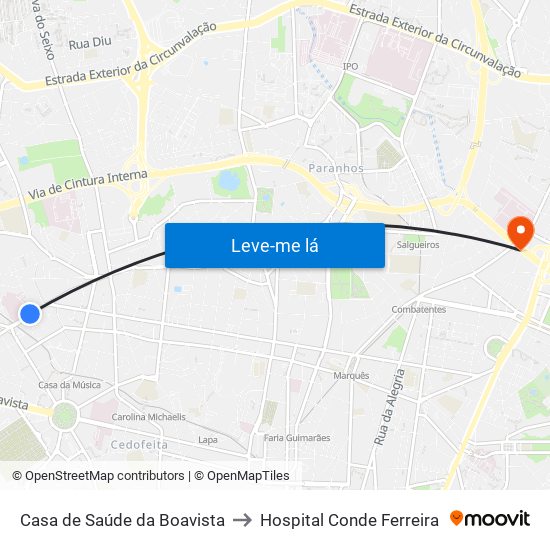 Casa de Saúde da Boavista to Hospital Conde Ferreira map