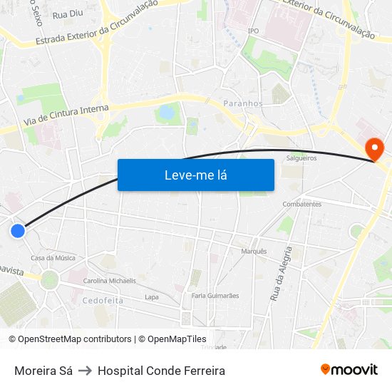 Moreira Sá to Hospital Conde Ferreira map