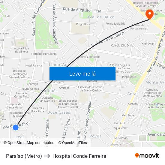 Paraíso (Metro) to Hospital Conde Ferreira map