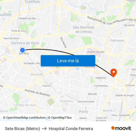 Sete Bicas (Metro) to Hospital Conde Ferreira map