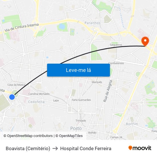 Boavista (Cemitério) to Hospital Conde Ferreira map