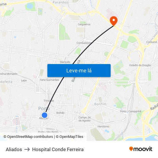 Aliados to Hospital Conde Ferreira map