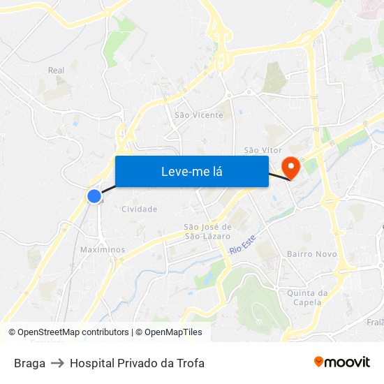 Braga to Hospital Privado da Trofa map