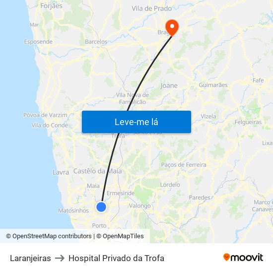 Laranjeiras to Hospital Privado da Trofa map