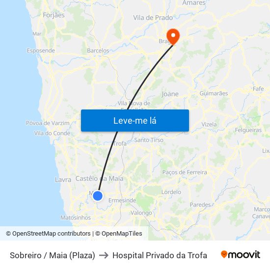 Sobreiro / Maia (Plaza) to Hospital Privado da Trofa map