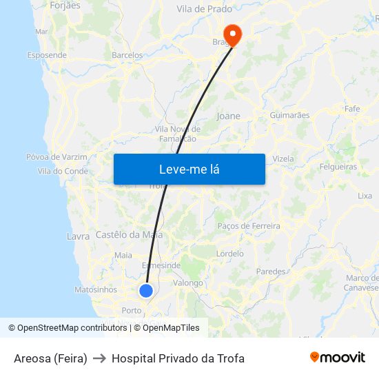 Areosa (Feira) to Hospital Privado da Trofa map