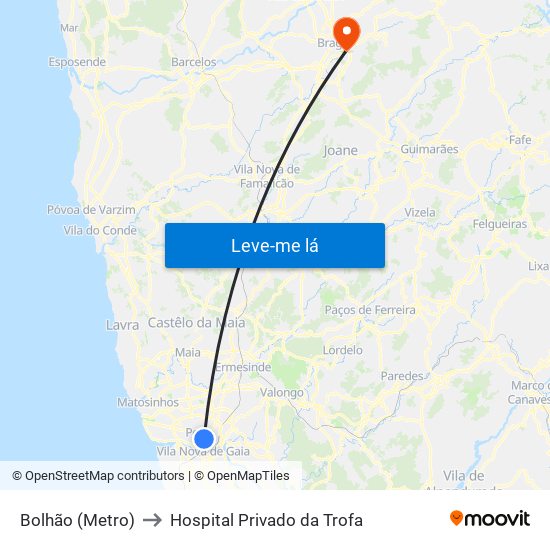 Bolhão (Metro) to Hospital Privado da Trofa map