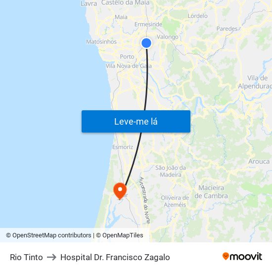 Rio Tinto to Hospital Dr. Francisco Zagalo map