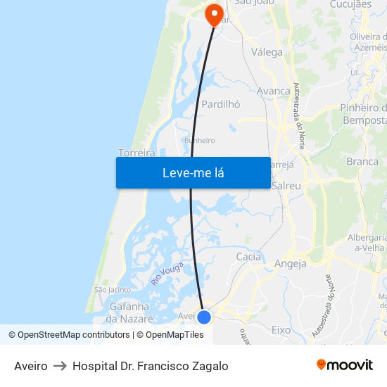 Aveiro to Hospital Dr. Francisco Zagalo map