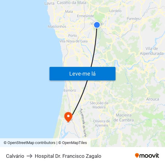 Calvário to Hospital Dr. Francisco Zagalo map