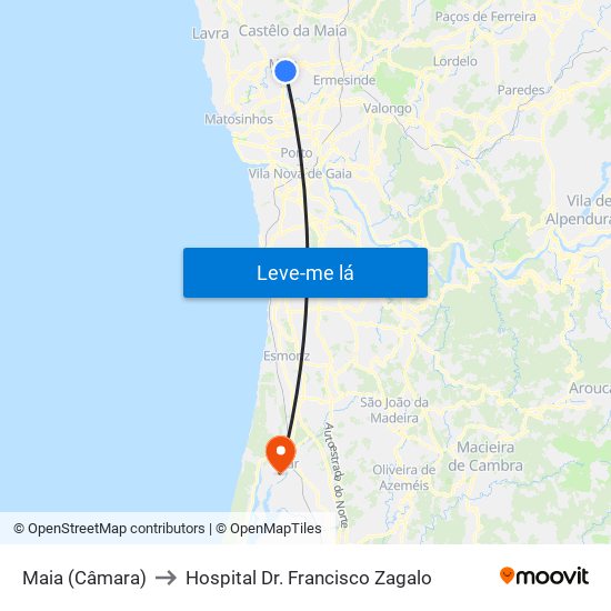 Maia (Câmara) to Hospital Dr. Francisco Zagalo map