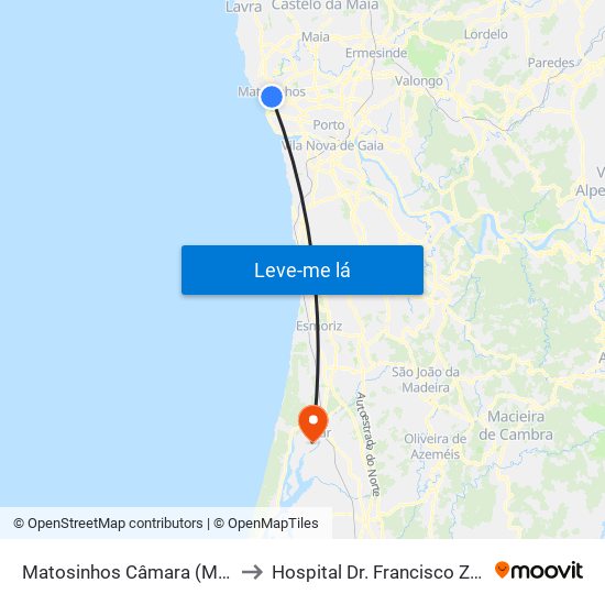 Matosinhos Câmara (Matc1) to Hospital Dr. Francisco Zagalo map