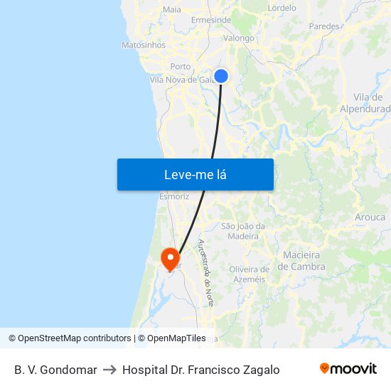 B. V. Gondomar to Hospital Dr. Francisco Zagalo map