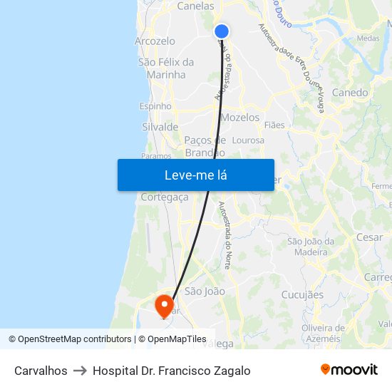 Carvalhos to Hospital Dr. Francisco Zagalo map