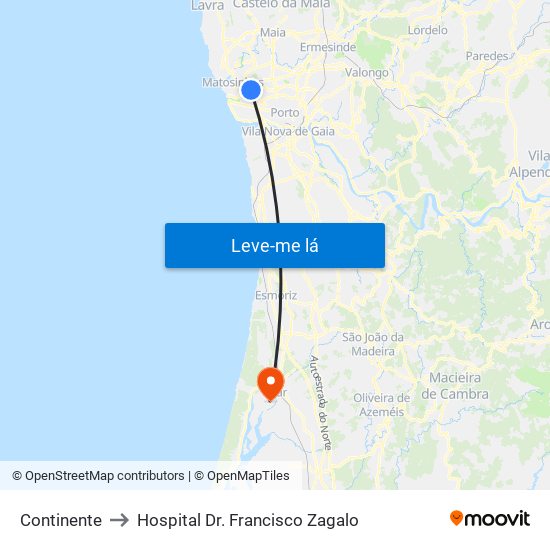 Continente to Hospital Dr. Francisco Zagalo map