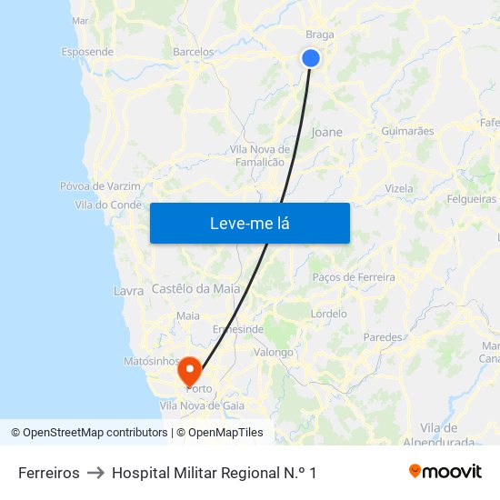 Ferreiros to Hospital Militar Regional N.º 1 map