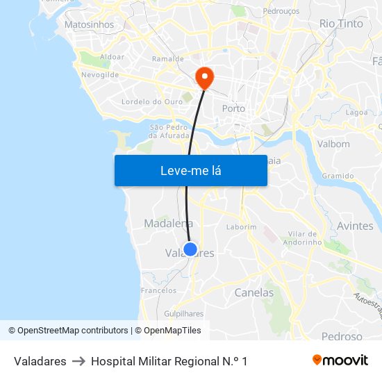 Valadares to Hospital Militar Regional N.º 1 map