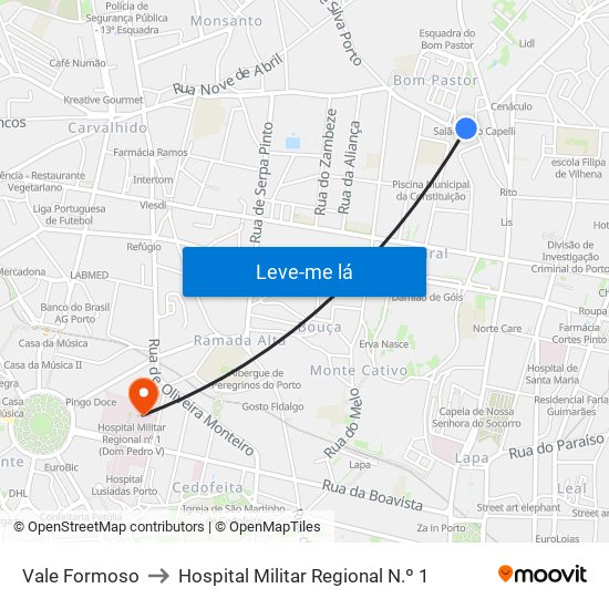 Vale Formoso to Hospital Militar Regional N.º 1 map