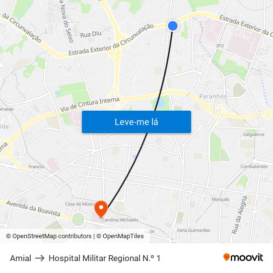 Amial to Hospital Militar Regional N.º 1 map