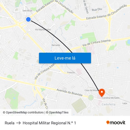 Ruela to Hospital Militar Regional N.º 1 map