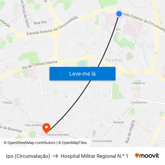 Ipo (Circunvalação) to Hospital Militar Regional N.º 1 map