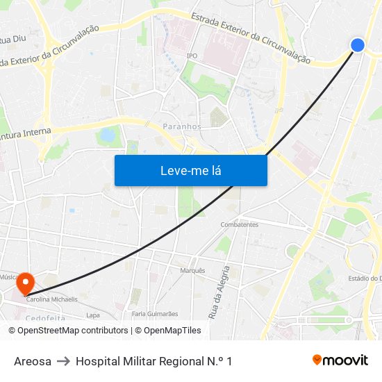 Areosa to Hospital Militar Regional N.º 1 map