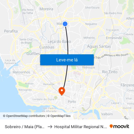 Sobreiro / Maia (Plaza) to Hospital Militar Regional N.º 1 map