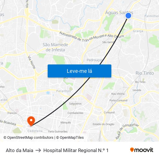 Alto da Maia to Hospital Militar Regional N.º 1 map